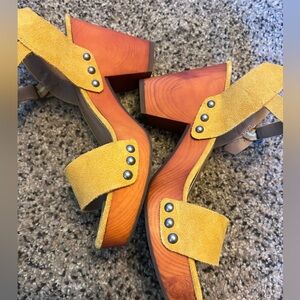 Yellow Suede Wooden Heel Sandals